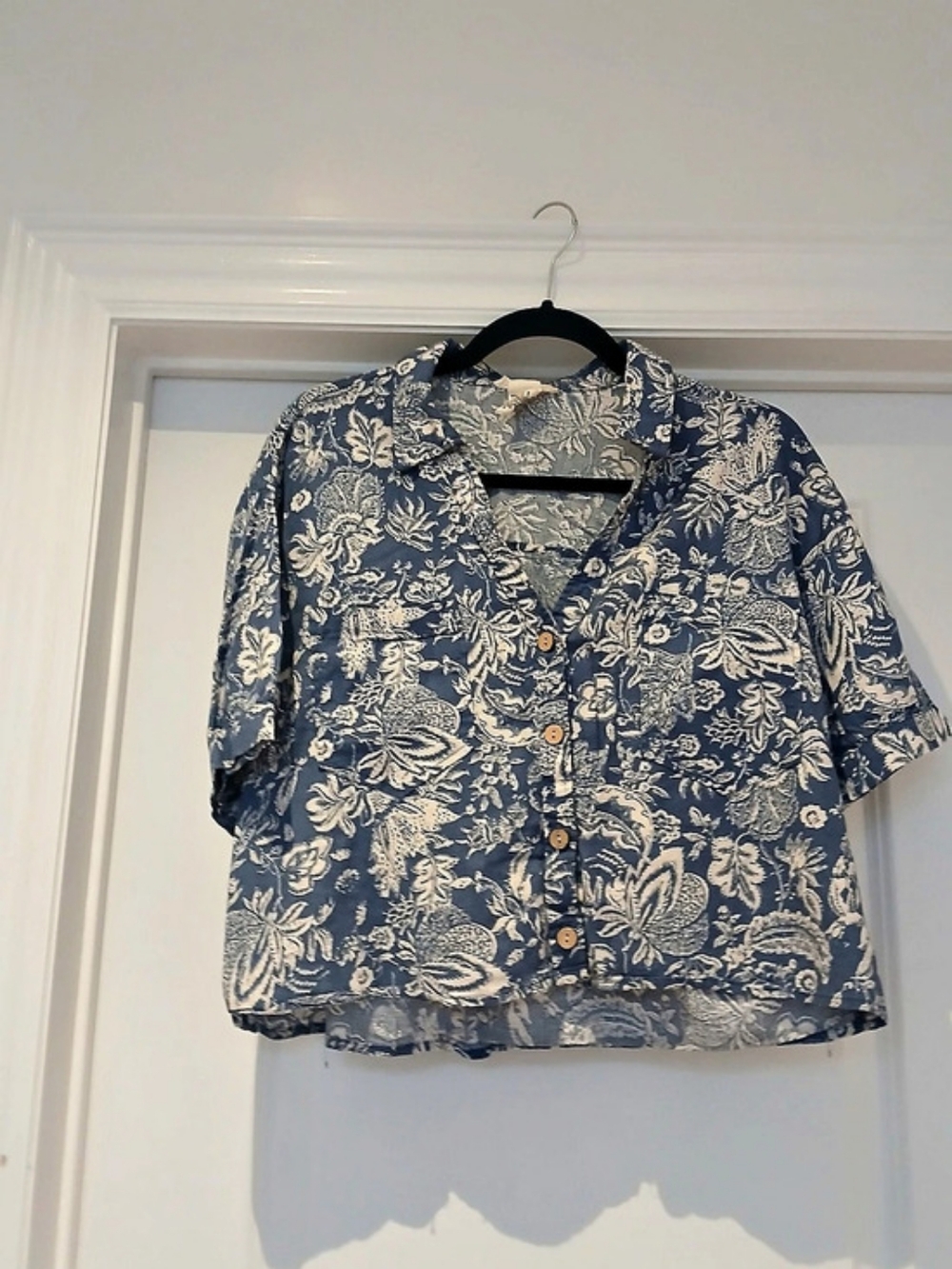 Chriatian Siriano Flora Boxy Croppedl Button-Down Shirt in Blue & Cream